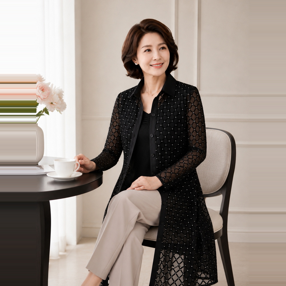 마담드레드 여름 블랙다이아 중년여성 맥시 셔츠 롱블라우스 남방 - 상세 이미지 2