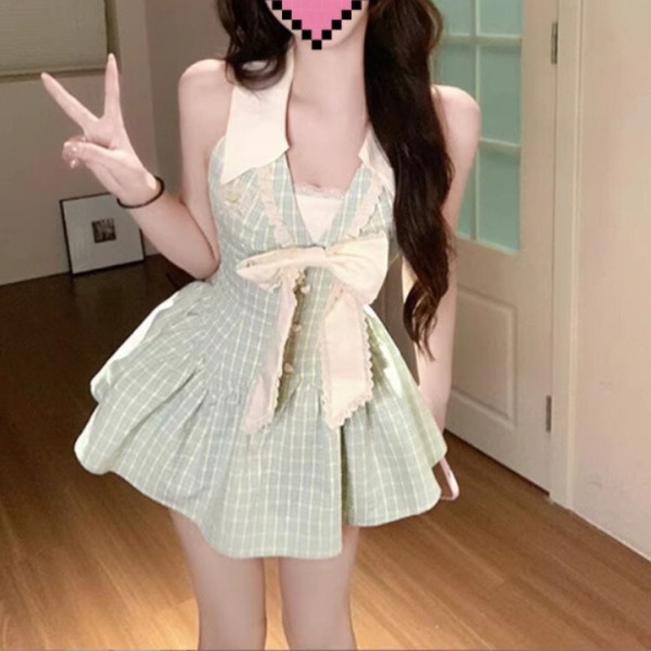 섹시 공주풍 키작녀 허리라인 슬림핏 리본 타이 홀터넥 미니 셔츠 플레어 원피스 - 상세 이미지 2