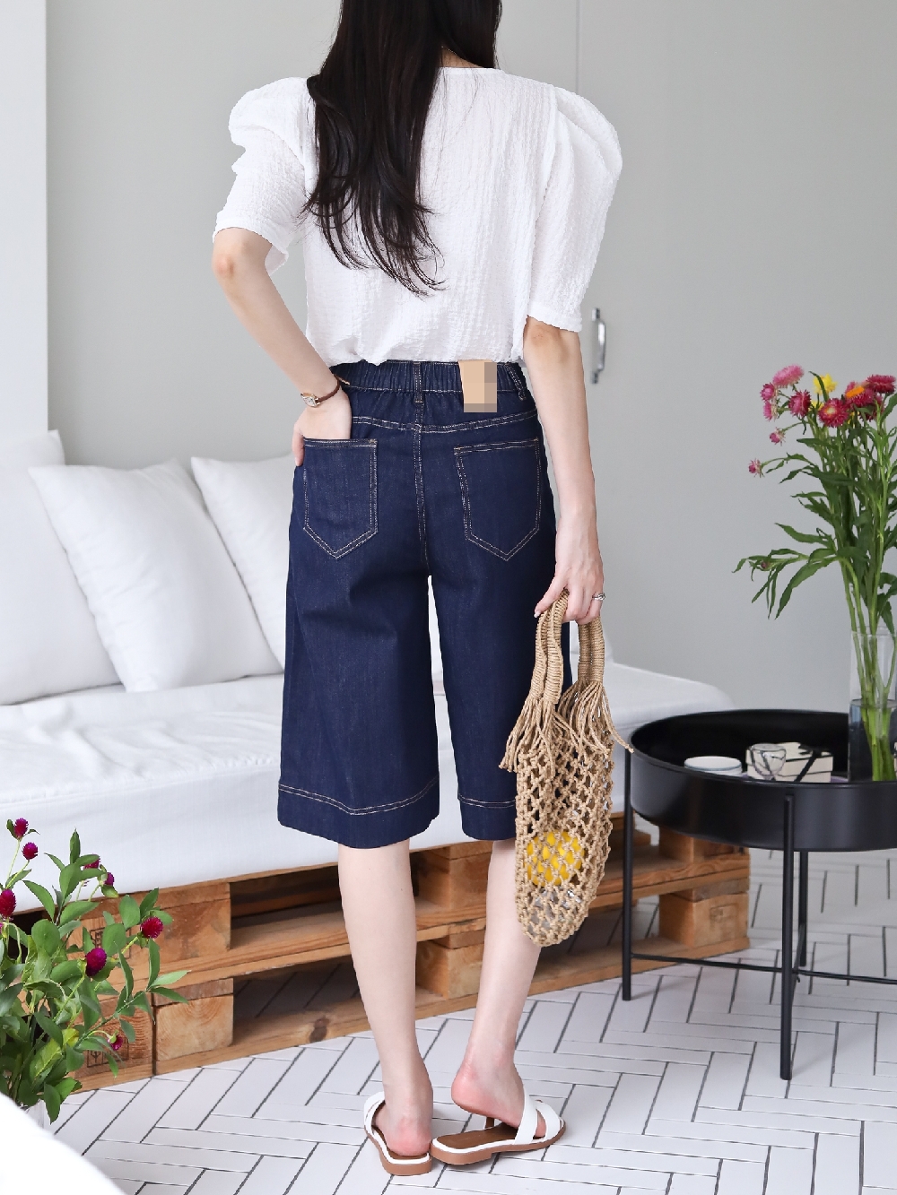 버뮤다 청반바지 데님반바지 생지데님 진청 뒷밴딩 와이드 청바지 이미지 8