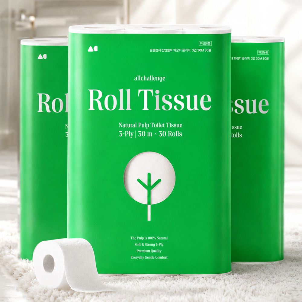 올챌린지 3겹 천연펄프 화장지 플러피 30m 30롤 3팩 두루마리휴지 물에잘녹는 - 상품 이미지