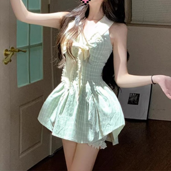 섹시 공주풍 키작녀 허리라인 슬림핏 리본 타이 홀터넥 미니 셔츠 플레어 원피스 - 상세 이미지 3