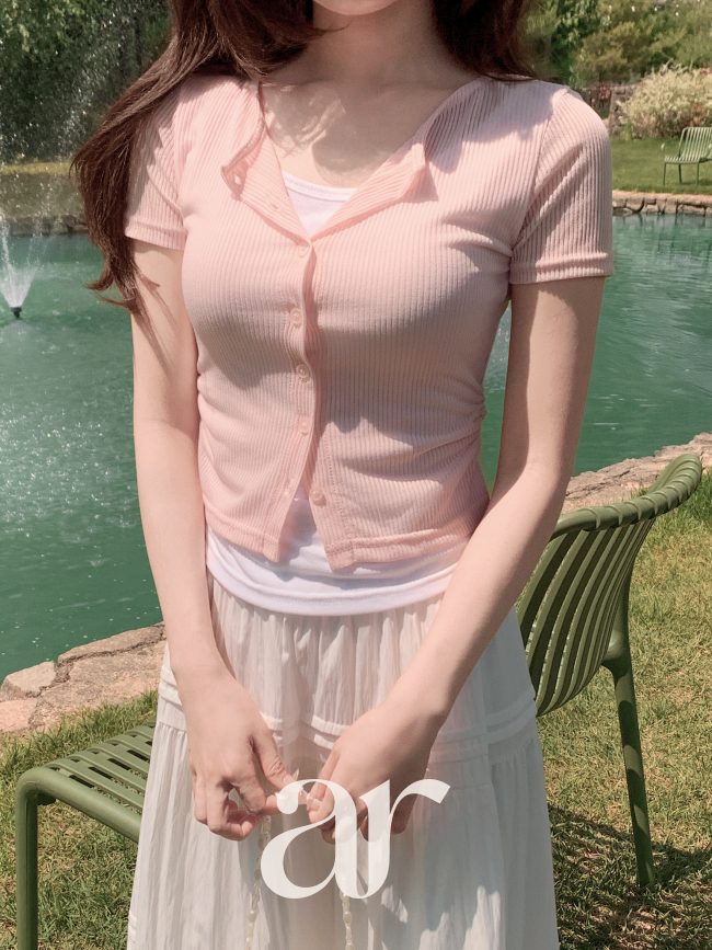 (국내제작) 일체형 셔링 배색 반팔 가디건 티셔츠 ts5056 - 상세 이미지 2