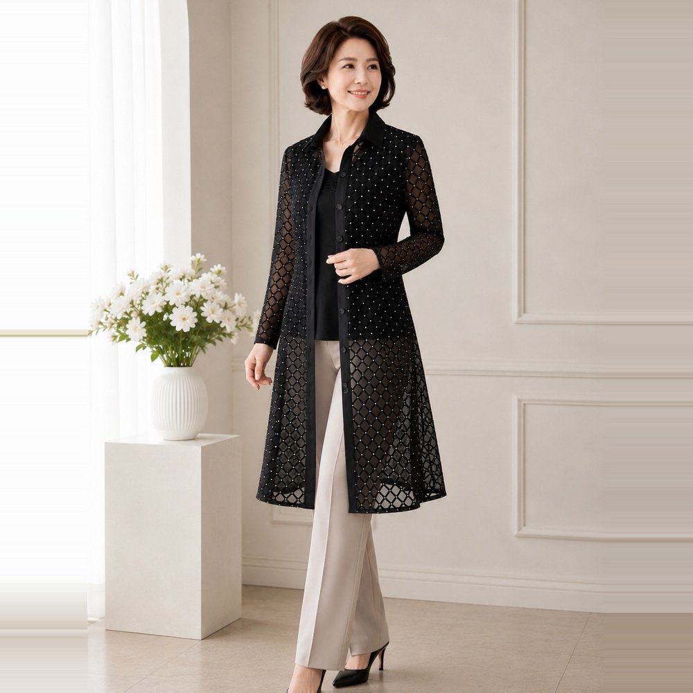 마담드레드 여름 블랙다이아 중년여성 맥시 셔츠 롱블라우스 남방 - 상품 이미지