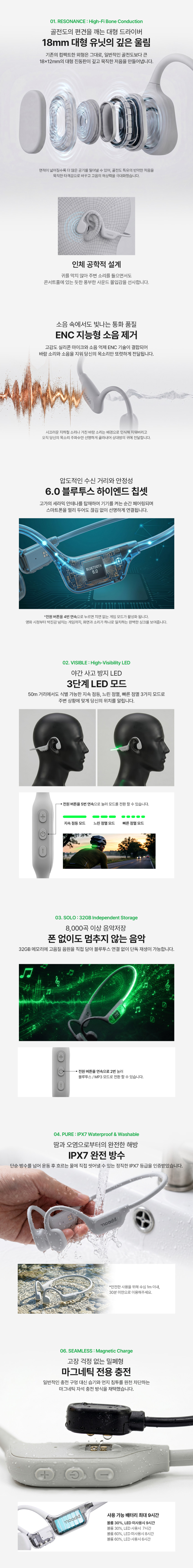 노애드 글로우비트 LED 무선 오픈형 블루투스 골전도 이어폰 라이트그레이+네온그린LED 판매처 상세 정보 이미지 4