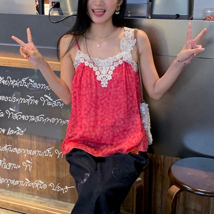 꽃패턴 레이스 나시캐미솔블라우스 언발란스끈 루즈핏 여름 시원시폰소재 주름 디자인 핑크레드 - 상품 이미지
