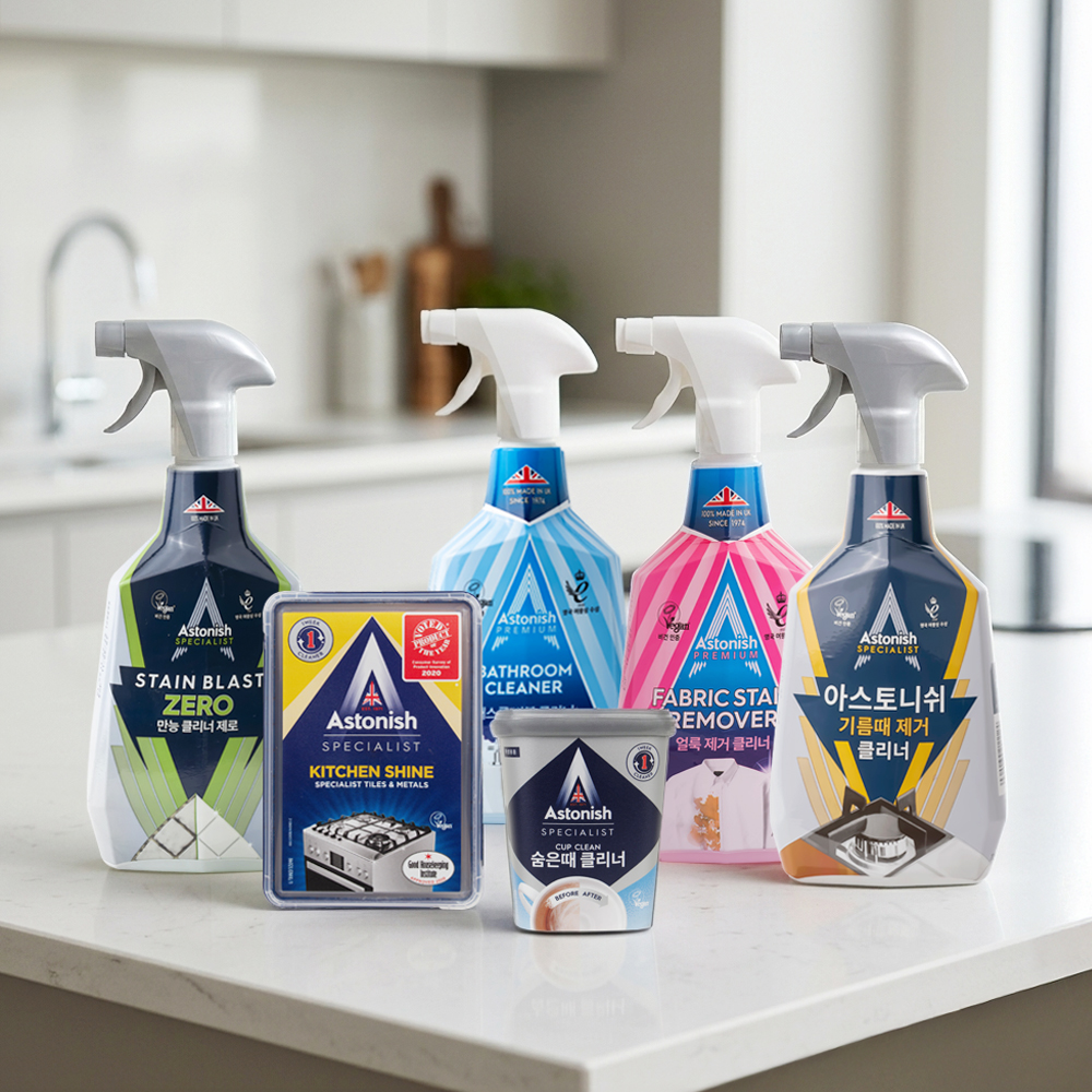 아스토니쉬 청소가 쉽다 6종 세트 (만능제로 750ml+배스룸750ml+기름때750ml+키친샤인450g+얼룩제거750ml+숨은때350g)
