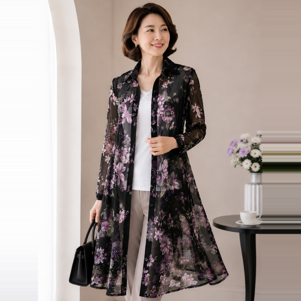 마담드레드 여성 여름 로즈가든 중년 엄마옷 체형커버 셔츠형 롱블라우스 - 상세 이미지 2