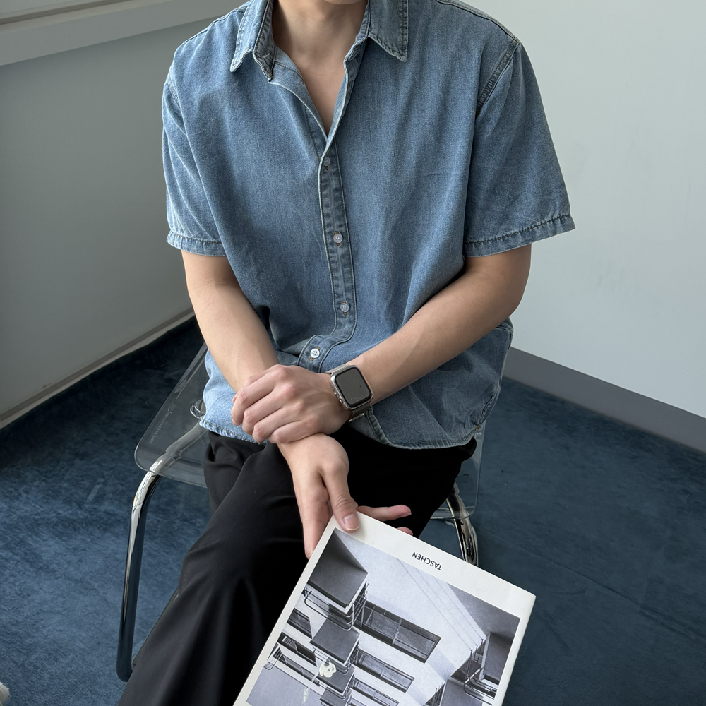 남자 반팔 셔츠 빅사이즈 여름 데님 청 반팔 셔츠 남성 남방 - 상품 이미지