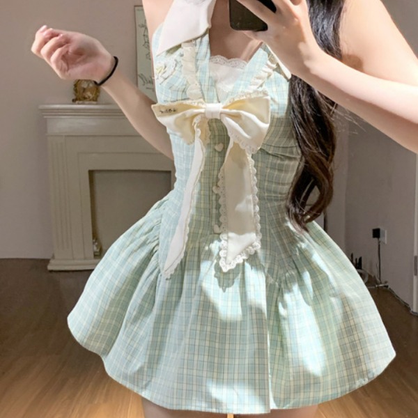 섹시 공주풍 키작녀 허리라인 슬림핏 리본 타이 홀터넥 미니 셔츠 플레어 원피스 - 상품 이미지
