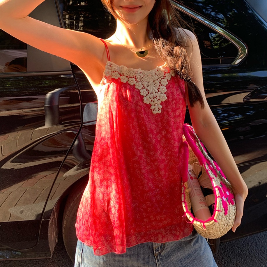 꽃패턴 레이스 나시캐미솔블라우스 언발란스끈 루즈핏 여름 시원시폰소재 주름 디자인 핑크레드 - 상세 이미지 2