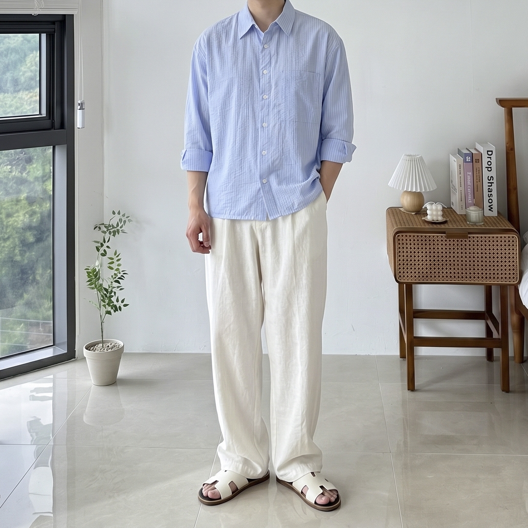 남자 스트라이프 크롭 여름 시어서커 긴팔 셔츠 3color - 상세 이미지 4