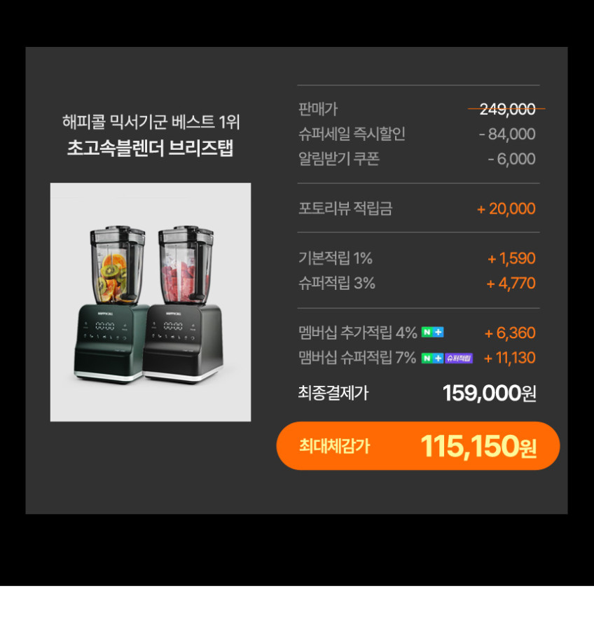 해피콜 믹서기 초고속 블렌더 브리즈탭 이유식 대형 분쇄기 판매처 상세 정보 이미지 2
