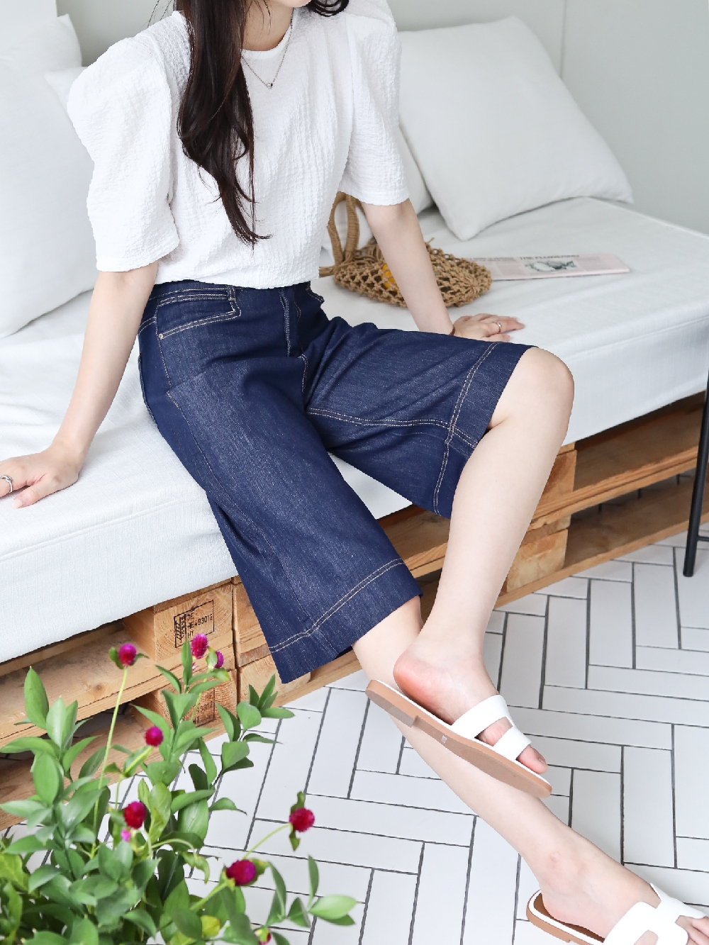 버뮤다 청반바지 데님반바지 생지데님 진청 뒷밴딩 와이드 청바지 - 상세 이미지 5
