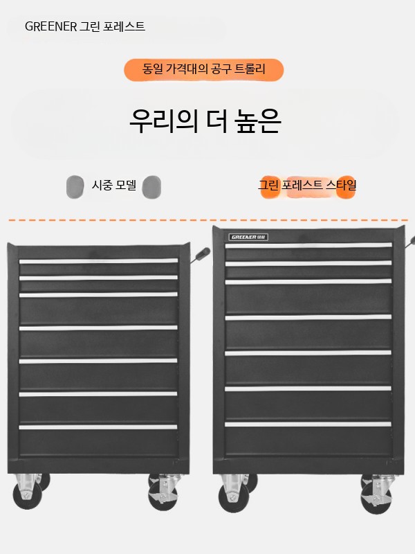 이동식 서랍형 공구함 다용도 공구캐비넷 고강도 철제 카트 작업장용 수납 정리함 DA-24 네 개 그린 블랙 서랍 하단 - 상세 이미지 5