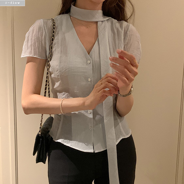 코엔 투웨이 스카프 브이넥 반팔 블라우스 3col 여름 시스루 텐셀 절개 셔츠 제이플로우 - 상품 이미지