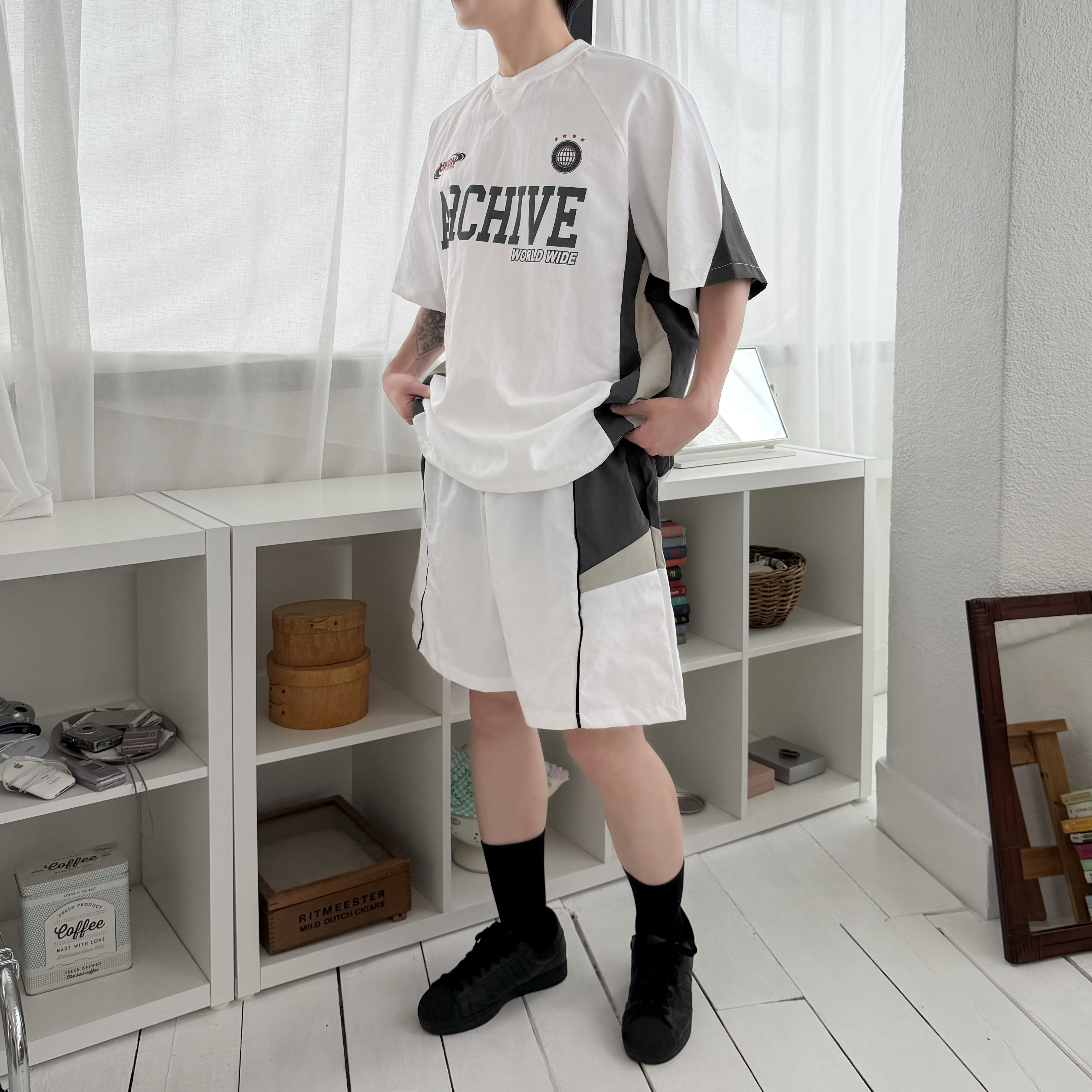 남녀공용 아카이브 배색 나일론 반바지 와이드 밴딩 쇼츠 여름 스트릿 셋업 팬츠 - 상품 이미지