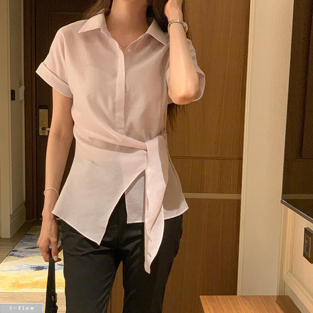 미든 카라넥 롤업 반팔 매듭 블라우스 3col 여름 셔츠 남방 꼬임 랩 루즈핏 제이플로우 - 상세 이미지 3