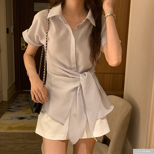 미든 카라넥 롤업 반팔 매듭 블라우스 3col 여름 셔츠 남방 꼬임 랩 루즈핏 제이플로우 - 상세 이미지 2