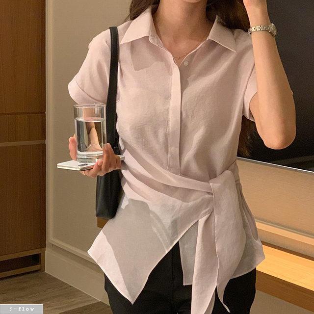 미든 카라넥 롤업 반팔 매듭 블라우스 3col 여름 셔츠 남방 꼬임 랩 루즈핏 제이플로우 이미지 6