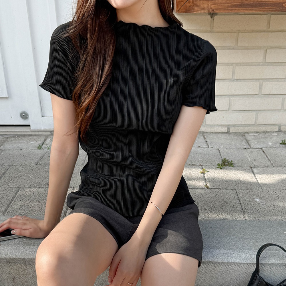 모크넥 골지 플리츠 반팔 블라우스 이미지 8