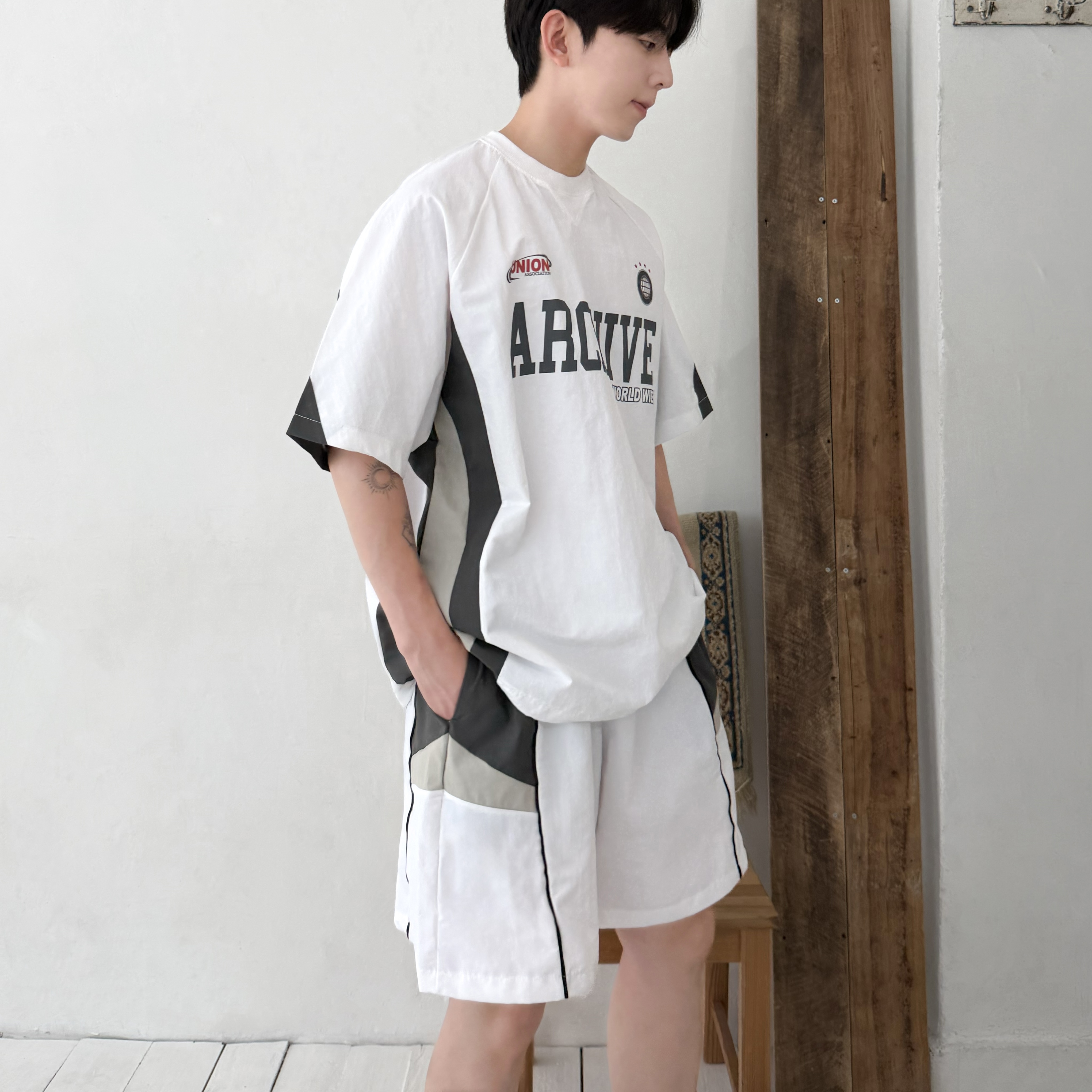 남녀공용 아카이브 배색 나일론 반바지 와이드 밴딩 쇼츠 여름 스트릿 셋업 팬츠 - 상세 이미지 4