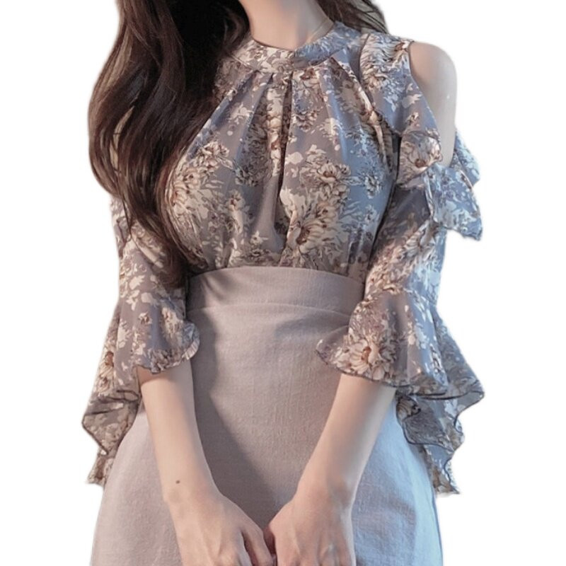 러블리 쉬폰 오프숄더 블라우스 플라워 프릴 탑 상의 꽃 무늬 여성 나팔 칠부소매 - 상세 이미지 5