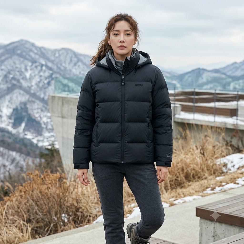 네파 공용 겨울 아웃도어룩 에어써밋 구스다운 미들 커필패딩 점퍼 - 상품 이미지