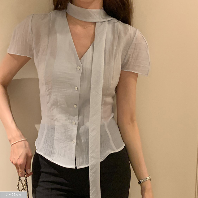 코엔 투웨이 스카프 브이넥 반팔 블라우스 3col 여름 시스루 텐셀 절개 셔츠 제이플로우 이미지 7