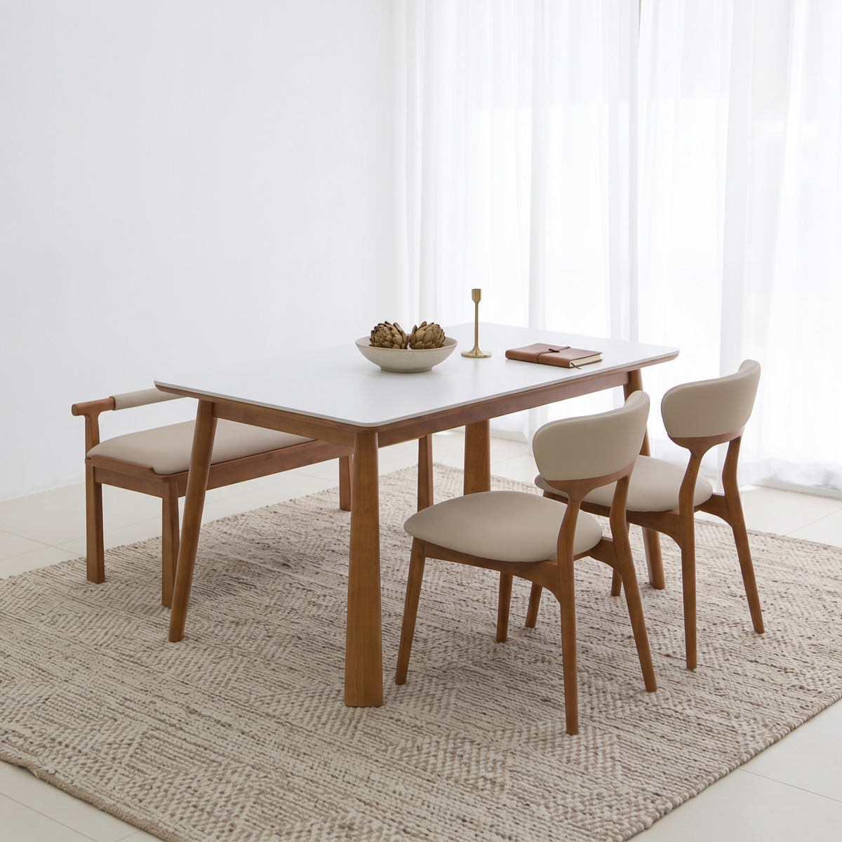 헤닝 아르떼 원목 세라믹 식탁 세트 4인식탁+의자2+벤치1, 1400mm, 아쿠틱스세라믹 - 상세 이미지 2