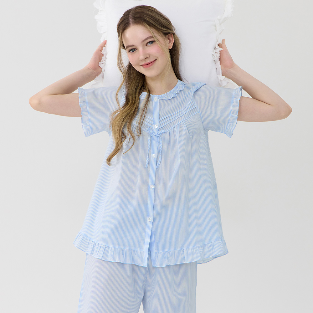 블루ST 여성 여름 반팔 아사면 순면 잠옷 파자마 홈웨어 세트 - 상품 이미지