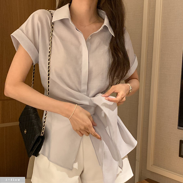 미든 카라넥 롤업 반팔 매듭 블라우스 3col 여름 셔츠 남방 꼬임 랩 루즈핏 제이플로우 - 상품 이미지