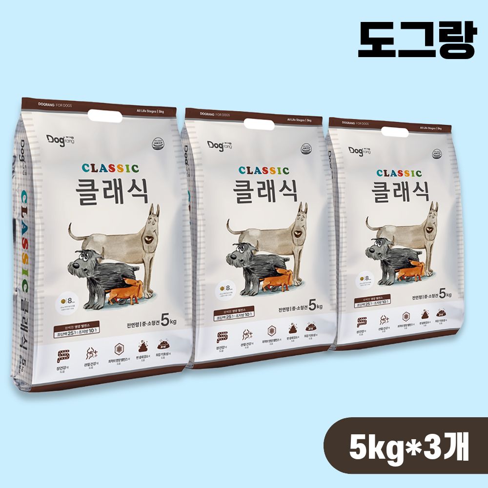도그랑 클래식 사료 전연령 강아지 개사료 8mm, 5kg, 3개 - 상품 이미지