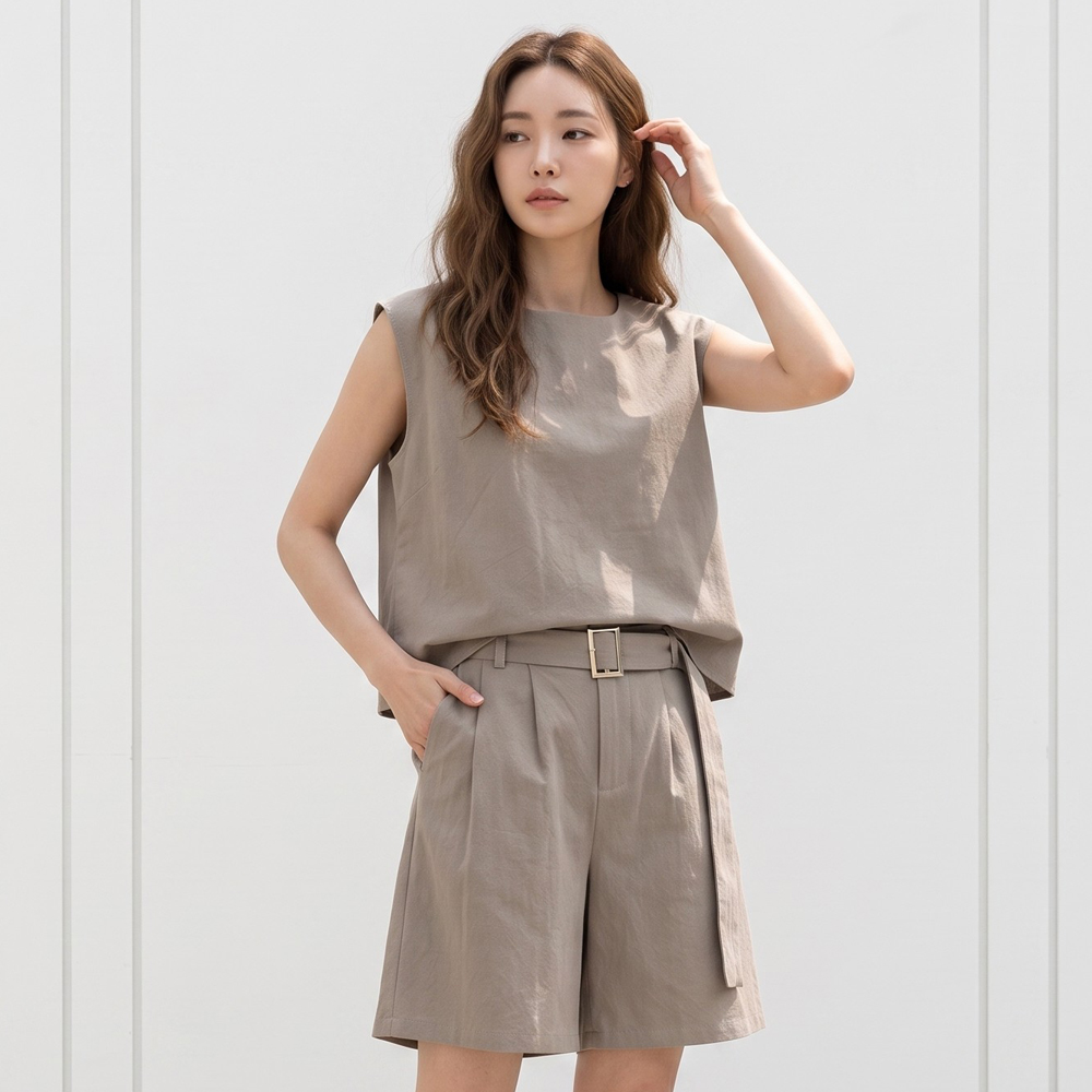 [SET] 예시카 린넨 블렌드 슬리브리스 밴딩 큐롯 팬츠 세트 YV6ST619 - 상품 이미지