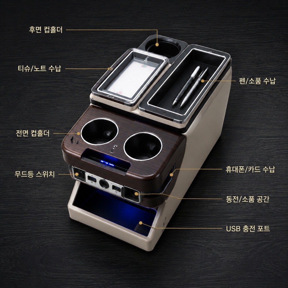 차량용 콘솔박스 2열 스토리지 컵홀더 올란도 카니발 팔걸이 무선 충전 이미지 6