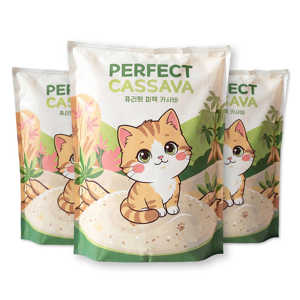 퓨리펫 퍼펙 먼지없는 카사바 고양이 모래 무향 강력 응고 4.3kg 3개 - 상품 이미지