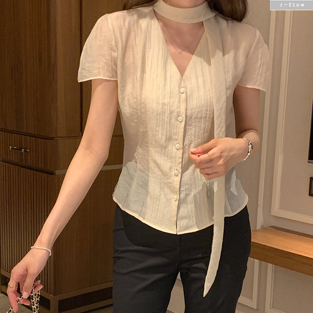 코엔 투웨이 스카프 브이넥 반팔 블라우스 3col 여름 시스루 텐셀 절개 셔츠 제이플로우 이미지 8
