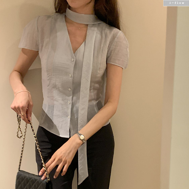 코엔 투웨이 스카프 브이넥 반팔 블라우스 3col 여름 시스루 텐셀 절개 셔츠 제이플로우 - 상세 이미지 4