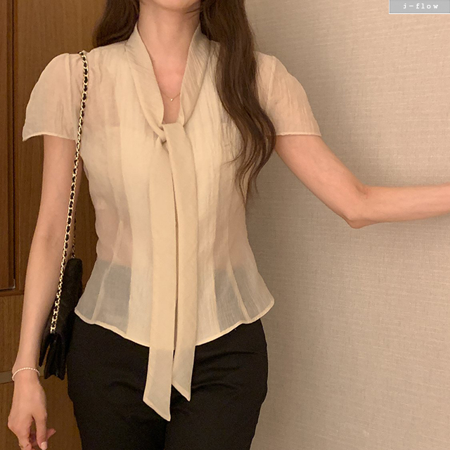 코엔 투웨이 스카프 브이넥 반팔 블라우스 3col 여름 시스루 텐셀 절개 셔츠 제이플로우 - 상세 이미지 3