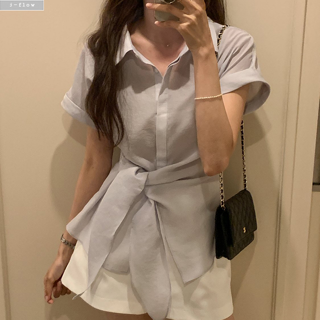 미든 카라넥 롤업 반팔 매듭 블라우스 3col 여름 셔츠 남방 꼬임 랩 루즈핏 제이플로우 이미지 8