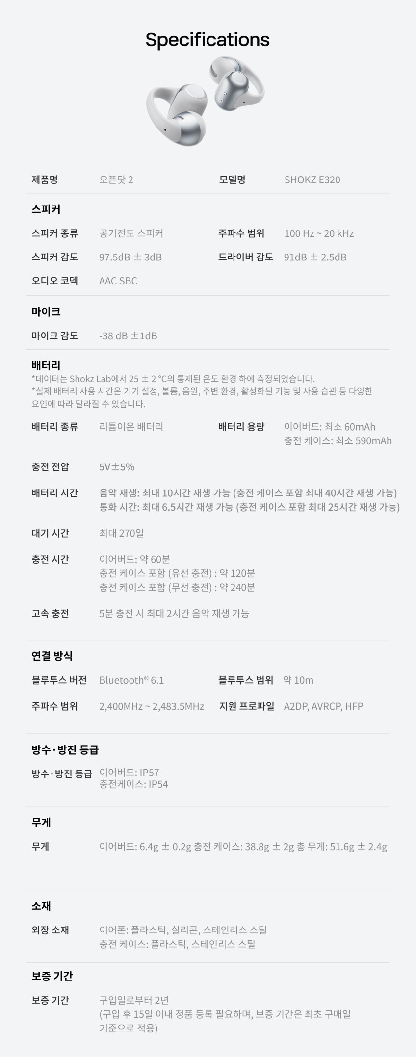 샥즈 오픈닷 2 E320 클립형 귀찌 오픈형 초경량 스포츠 귀안아픈 무선 블루투스 이어폰 판매처 상세 정보 이미지 4