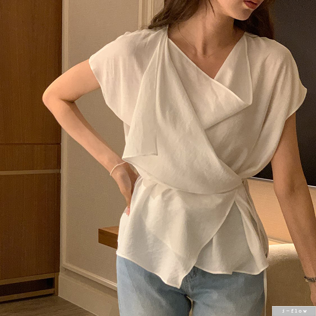 코쉬 루즈핏 드레이프 랩 블라우스 3col 여름 캡소매 레이어드 벨트 스카프 제이플로우 - 상품 이미지