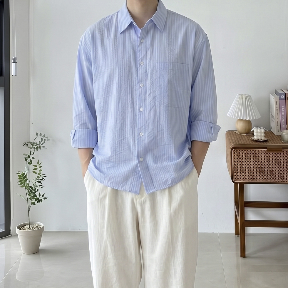 남자 스트라이프 크롭 여름 시어서커 긴팔 셔츠 3color - 상품 이미지