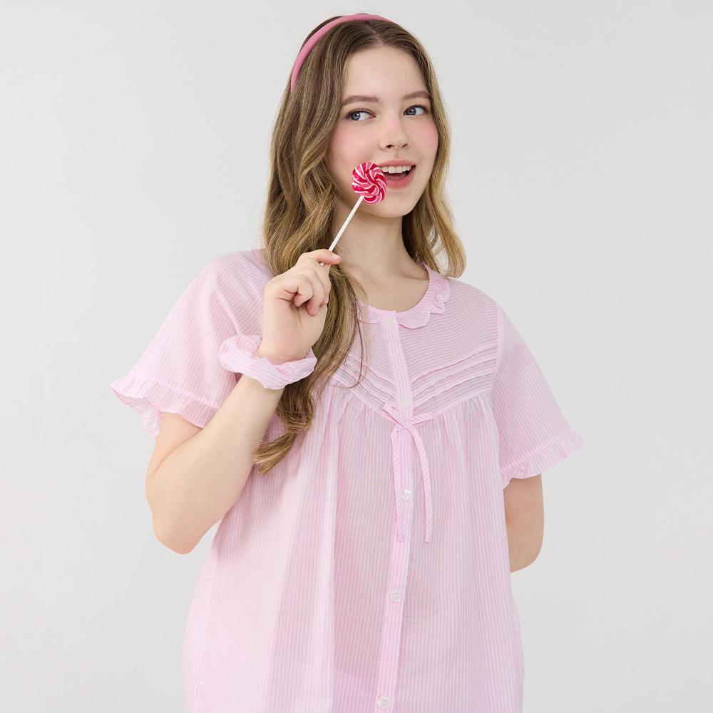 핑크ST 여성 여름 반팔 아사면 순면 잠옷 파자마 홈웨어 세트 - 상세 이미지 2