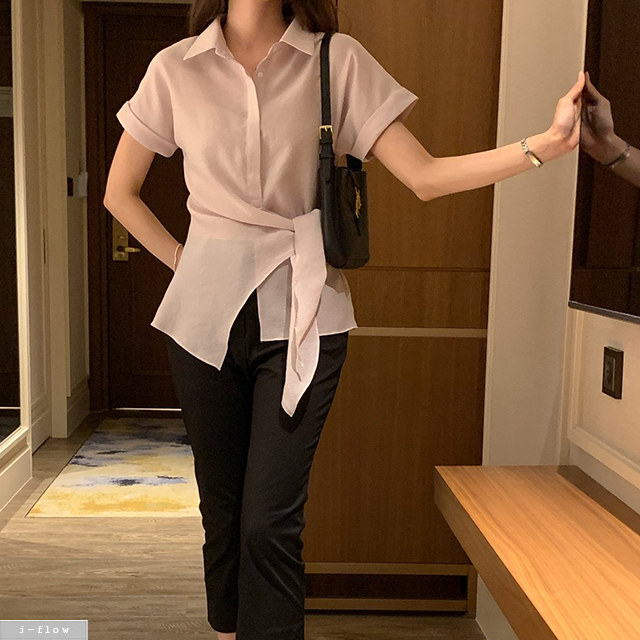 미든 카라넥 롤업 반팔 매듭 블라우스 3col 여름 셔츠 남방 꼬임 랩 루즈핏 제이플로우 - 상세 이미지 5