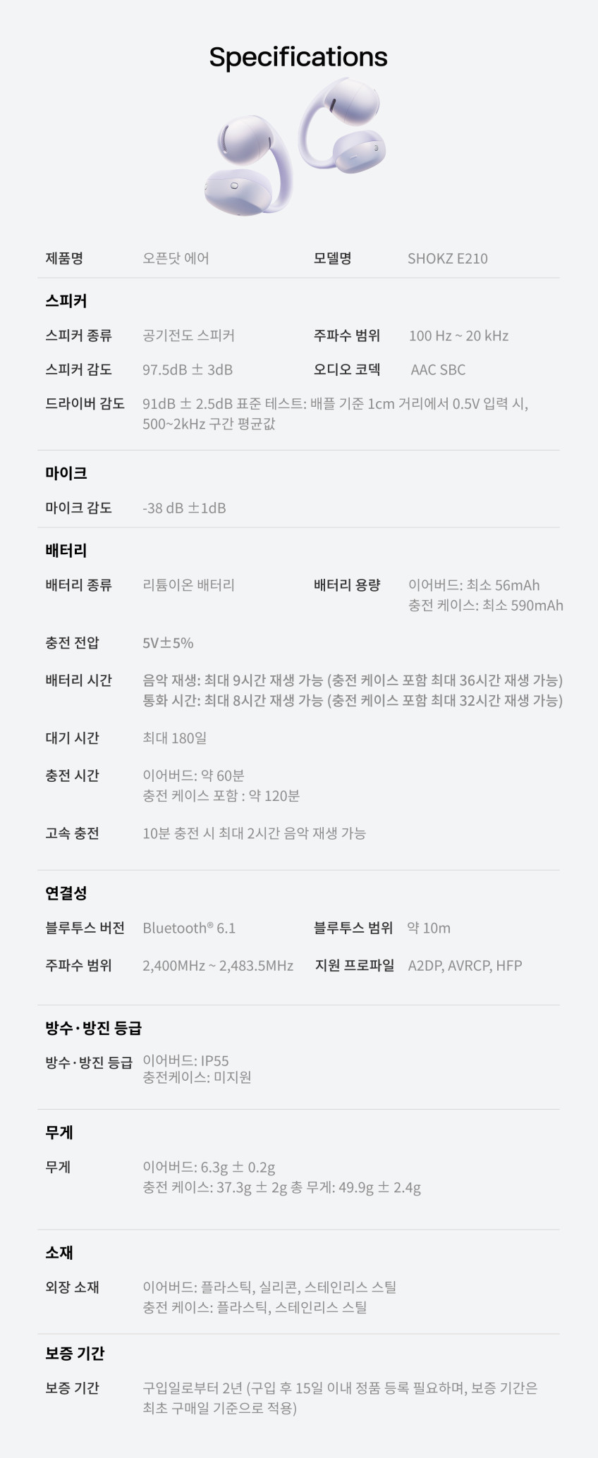 샥즈 오픈닷 에어 E210 클립형 귀찌 오픈형 초경량 귀가편한 무선 블루투스 이어폰 판매처 상세 정보 이미지 4
