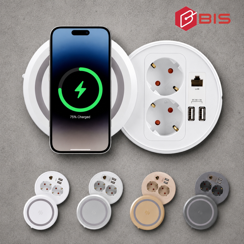 BIS 빌트인콘센트 가구 매립 원형 콘센트 2구 USB 무선충전 BID-221W 화이트 - 상품 이미지
