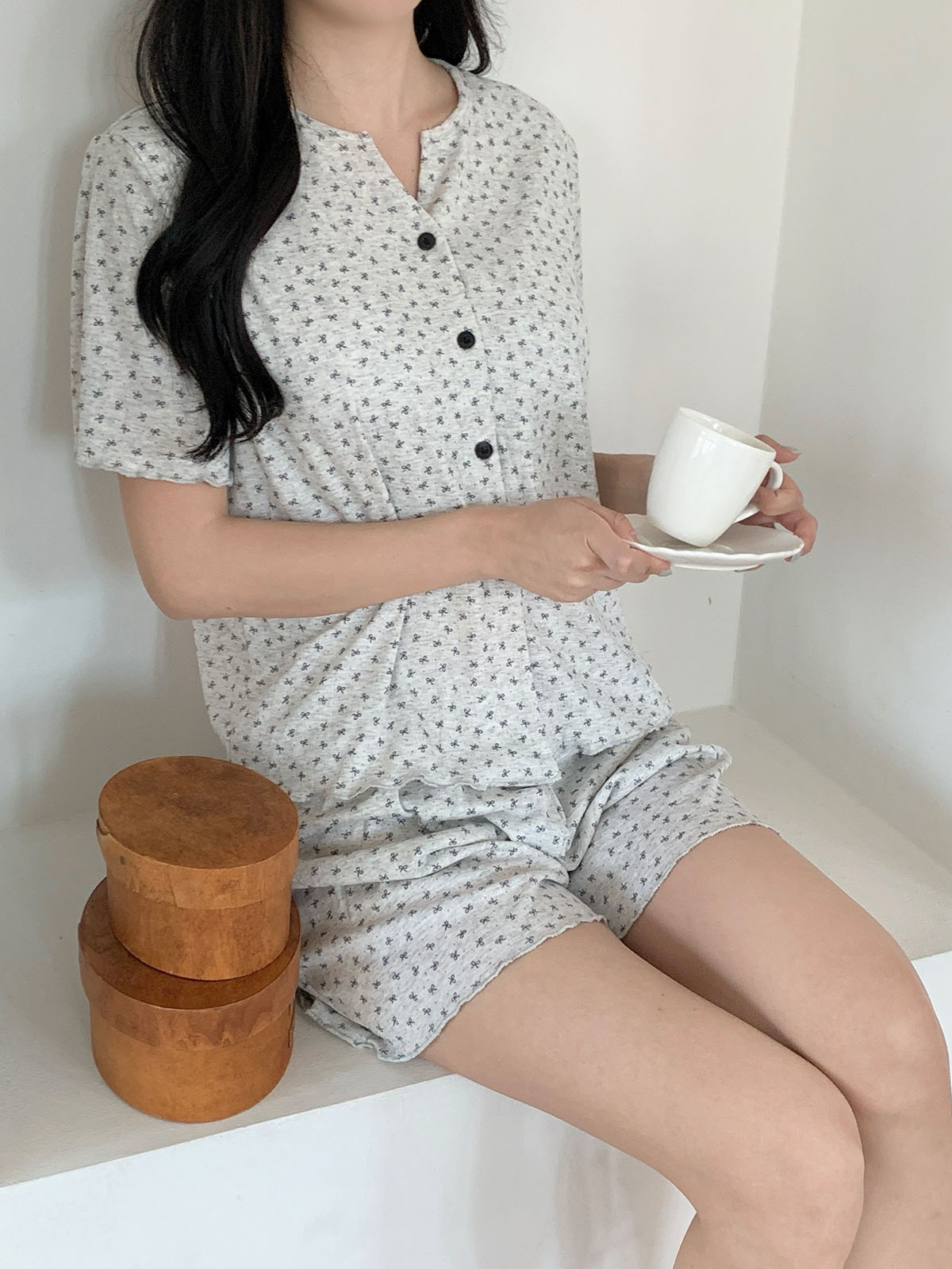 컴피 캡내장 여름잠옷 노카라 홈웨어 수유복 임산부 리틀리본 순면 파자마 이미지 8