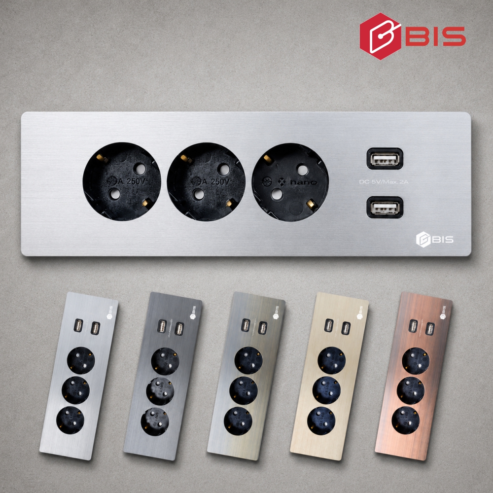 BIS 빌트인콘센트 BID-2003F 실버 3구 USB 사무실 가구 식탁 책상 매립 콘센트 - 상품 이미지