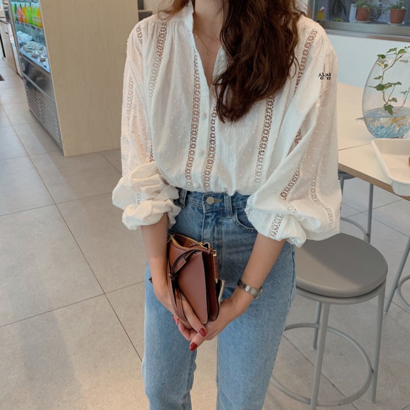 펀칭 레이스 셔츠 스트라이프 카라넥 아일렛 민소매 여름 프릴 흰블라우스 블라우스 셔링 - 상세 이미지 2