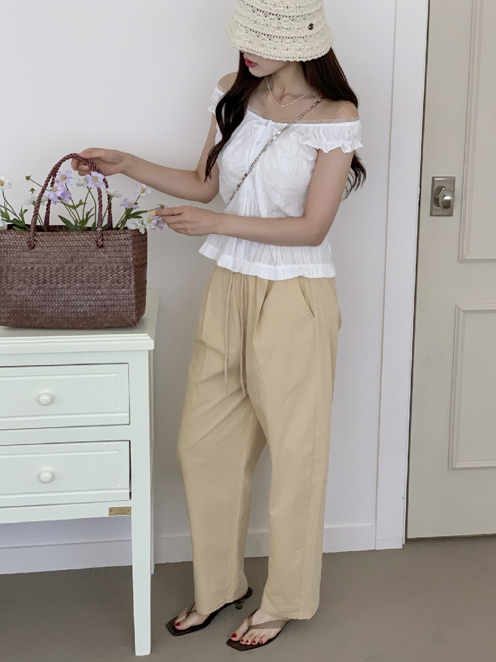 여성여름바지 면바지 밴딩 고무줄 세미 배기 와이드 팬츠 - 상세 이미지 4
